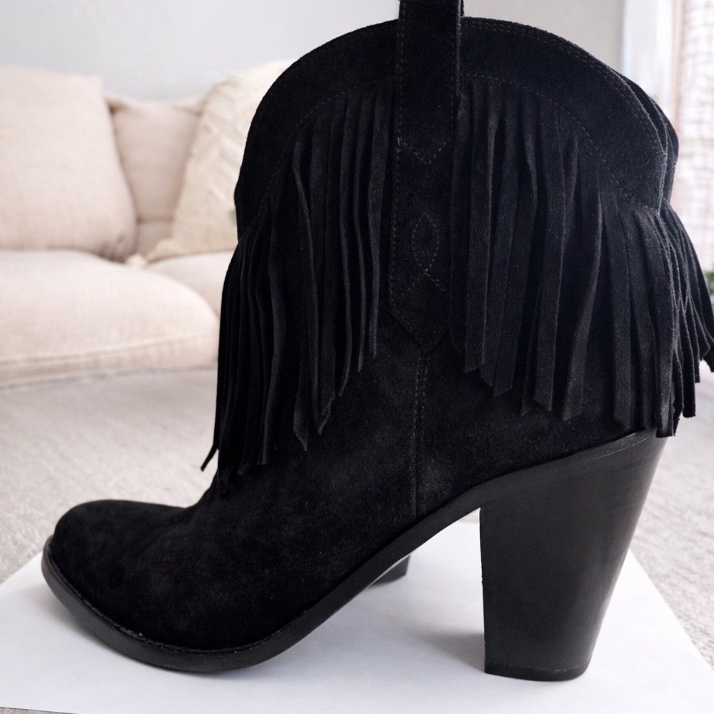 Saint Laurent Paris YSL Fringe Cat Boots Black Suede Western Ankle Booties 38.5 - Picture 2 of 5